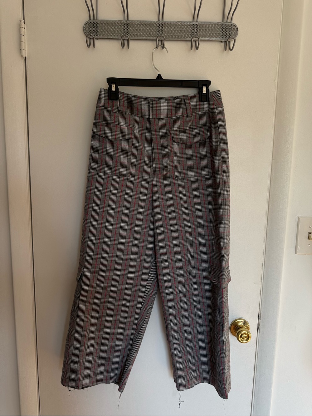 Beginning Boutique Gray Plaid Pants with Red Pinstripe